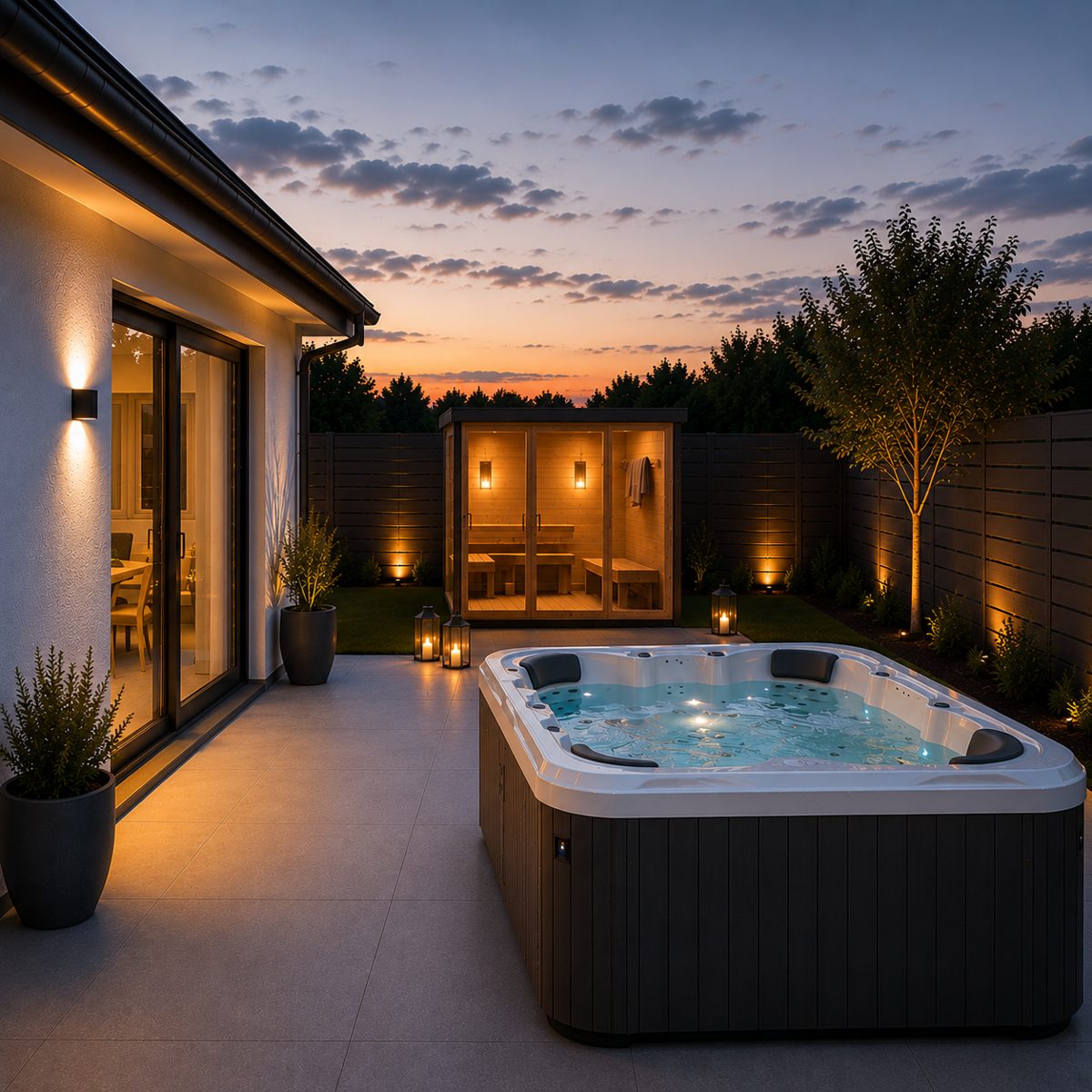 Wellness-Oase im Garten mit Hot Tub am Abend
